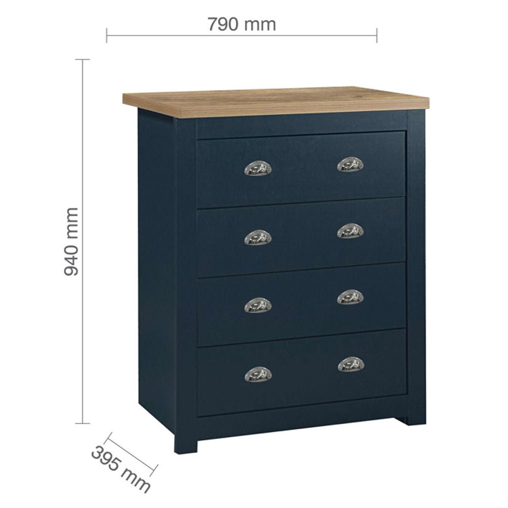 Highland navy blue 4-drawer chest with oak-effect top, 940mm H x 790mm W x 395mm D