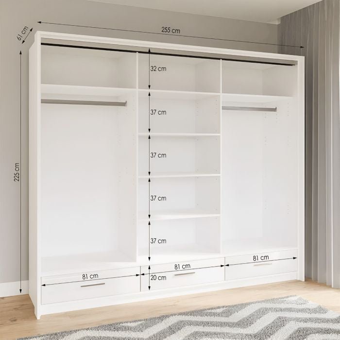 White 3-door sliding wardrobe with drawers and shelves, 255x225x61 cm.
