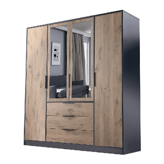 BELLVYN 4-door wardrobe with mirrored doors and 3 drawers, oak effect finish with black frame