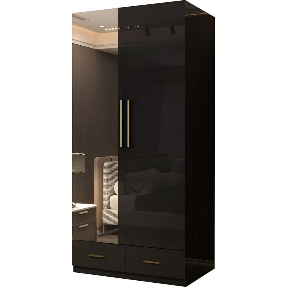 Black high gloss 2 door 2 drawer mirrored wardrobe with gold handles