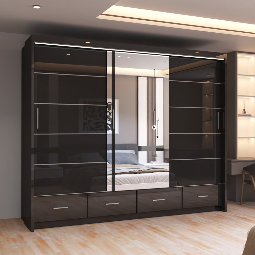 CHOICEWARDROBE Sycylia 255cm sliding door wardrobe, black high gloss with mirrored centre panel.