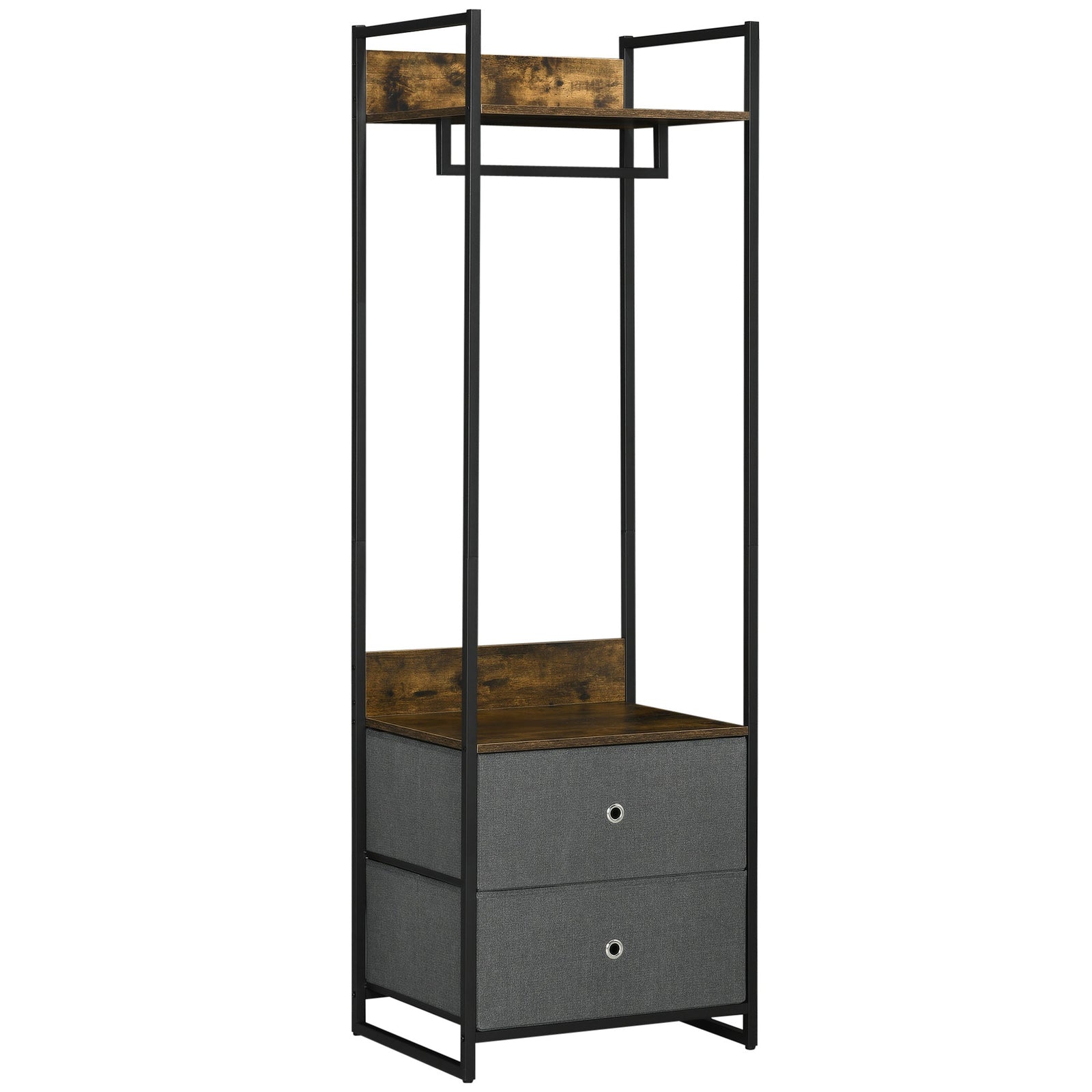 homcom clothes rail metal coat stand garment rack with 2 fabric storage drawers single wardrobe for bedroom hallway rustic brown and grey