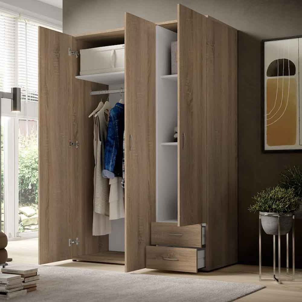 Oak Sonoma wooden wardrobe with 3 doors open showing hanging rail and 2 visible drawers