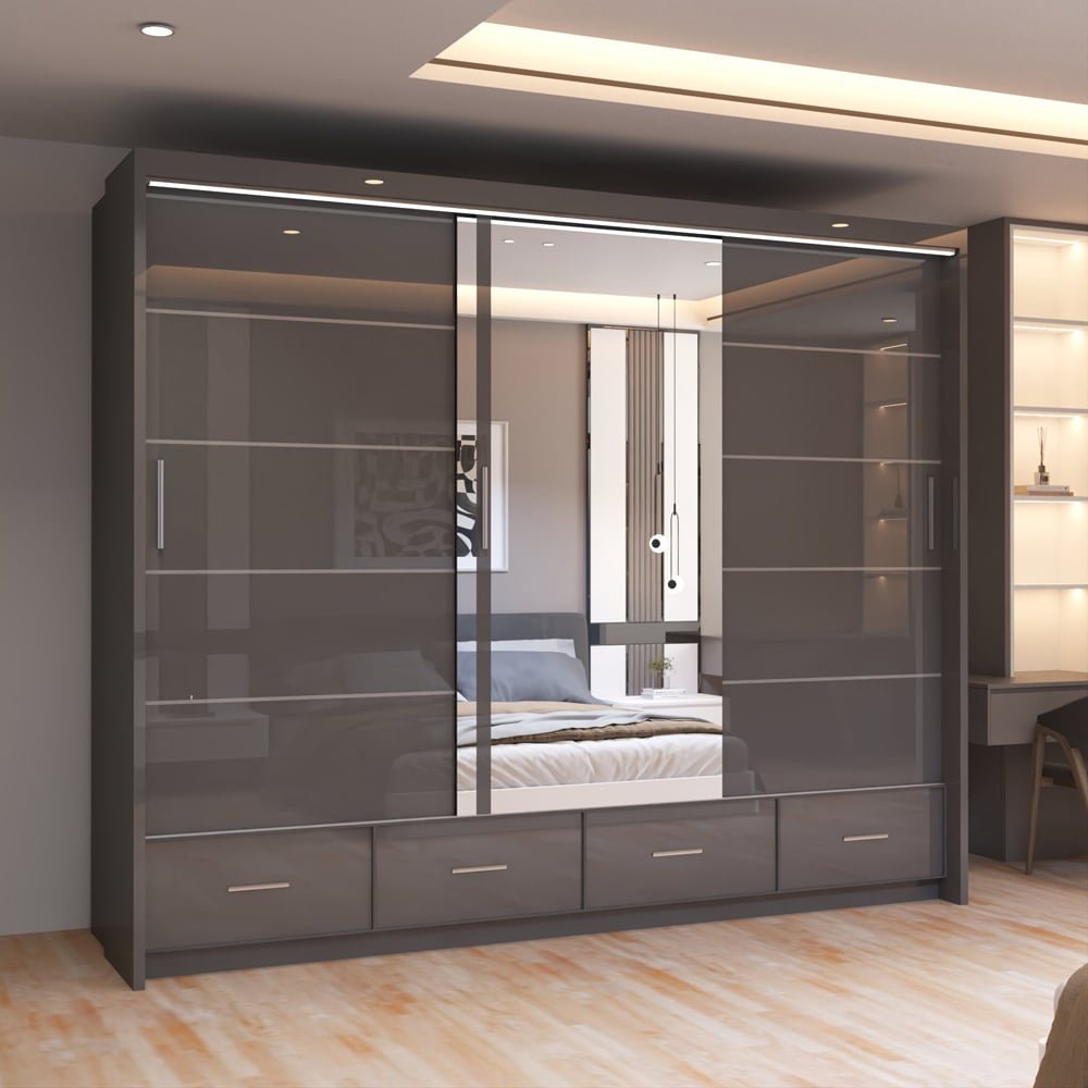 Sycylia Grey High Gloss 255cm sliding wardrobe with mirrored doors.