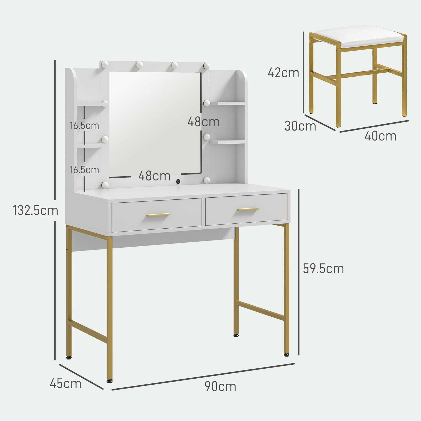 homcom dressing table with lighted mirror cushioned stool drawers shelves led makeup vanity desk set modern dresser vanity table for bedroom white