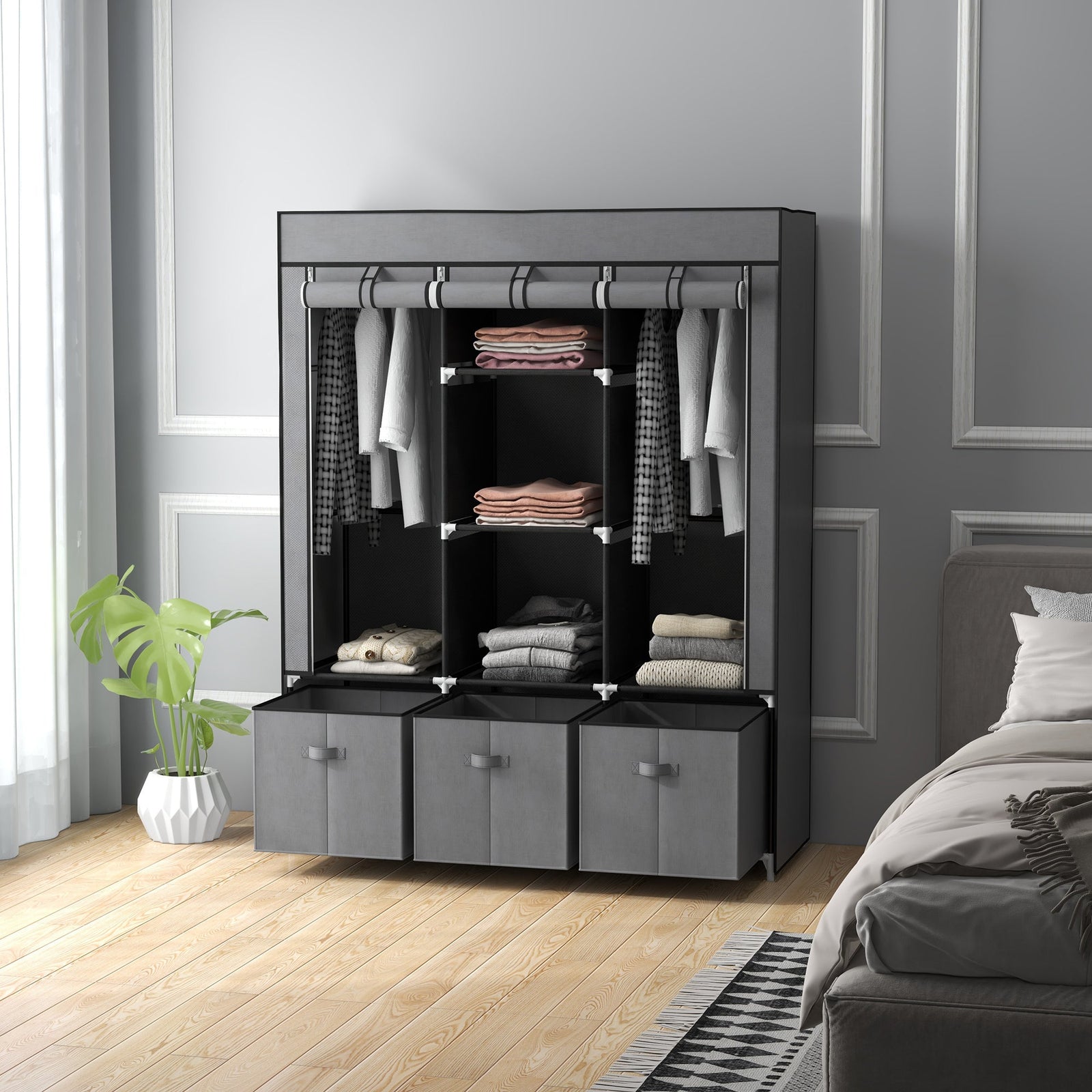 homcom foldable fabric wardrobe for bedroom portable wardrobe with 5 shelves 2 hanging rails and 3 fabric drawers dark grey
