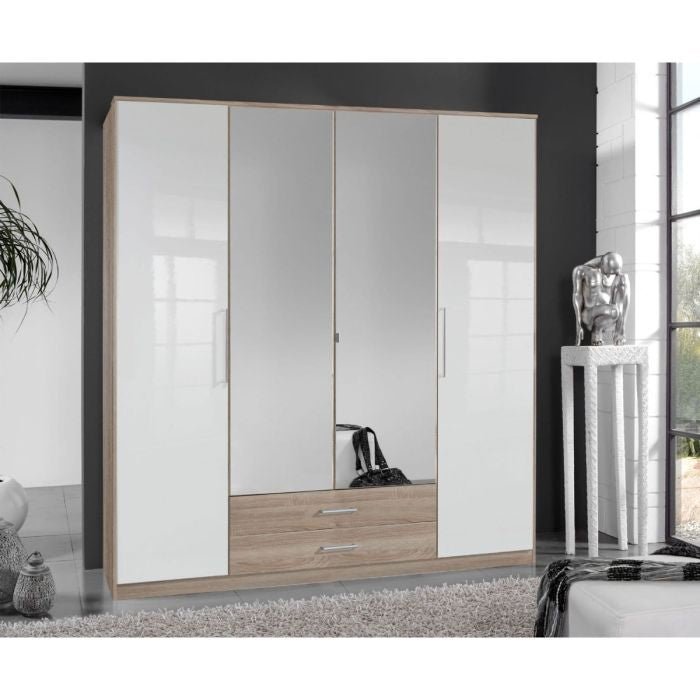Daniel 4 door wardrobe in white gloss and oak effect with mirrored centre doors and 2 drawers
