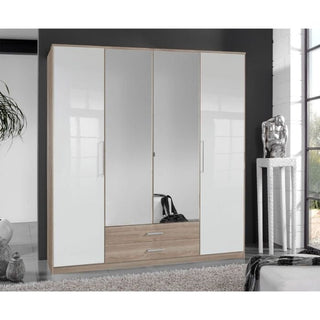 Daniel 4 door wardrobe in white gloss and oak effect with mirrored centre doors and 2 drawers