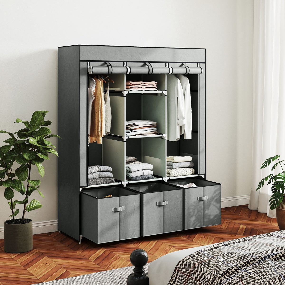 homcom foldable fabric wardrobe for bedroom portable wardrobe with 5 shelves 2 hanging rails and 3 fabric drawers light grey