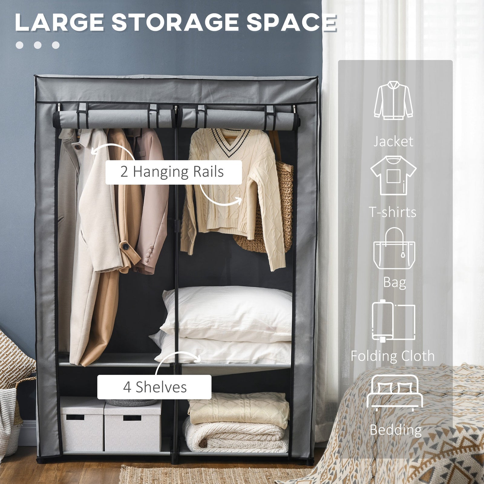 homcom steel frame fabric wardrobe with rail and shelves light grey