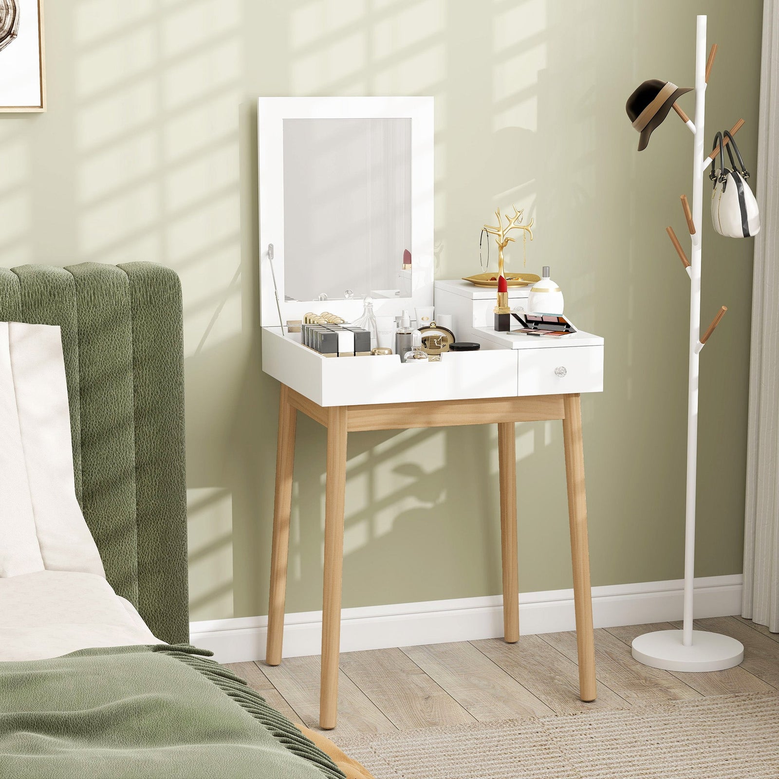 homcom dressing table with flip up mirror makeup desk with 2 drawers and pine wood legs vanity table writing desk for bedroom living room white
