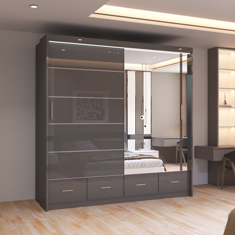 Sycylia Grey High Gloss Sliding Wardrobe 203cm, mirrored door and 4 drawers.