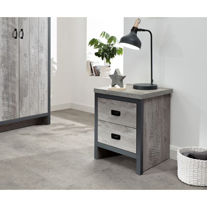 Grey two-door wardrobe set with distressed effect and bedside table, urban style