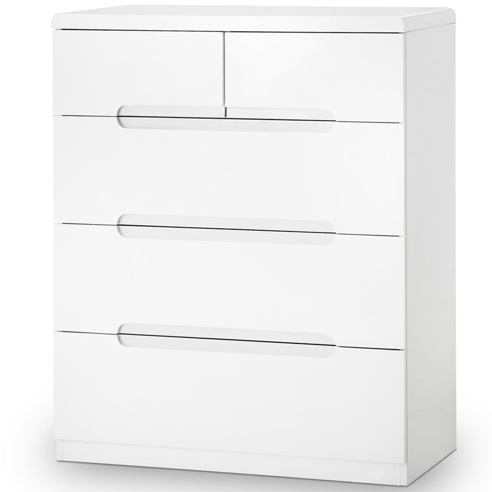 White high gloss chest of drawers with five drawers and horizontal recessed handles.