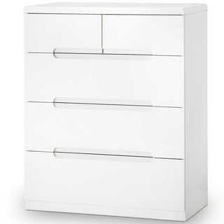 White high gloss chest of drawers with five drawers and horizontal recessed handles.