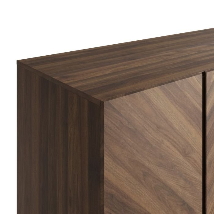 Close-up of CHARLESTON wardrobe corner in Royal Walnut with Herringbone wood-grain detail