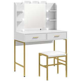 homcom dressing table with lighted mirror cushioned stool drawers shelves led makeup vanity desk set modern dresser vanity table for bedroom white