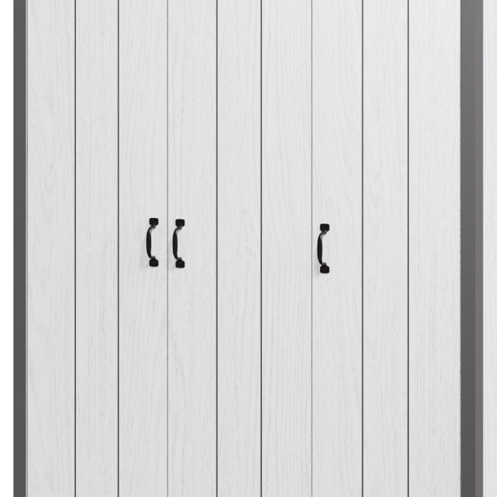 White 3-door wardrobe with black handles and wood-grain effect finish