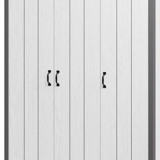 White 3-door wardrobe with black handles and wood-grain effect finish