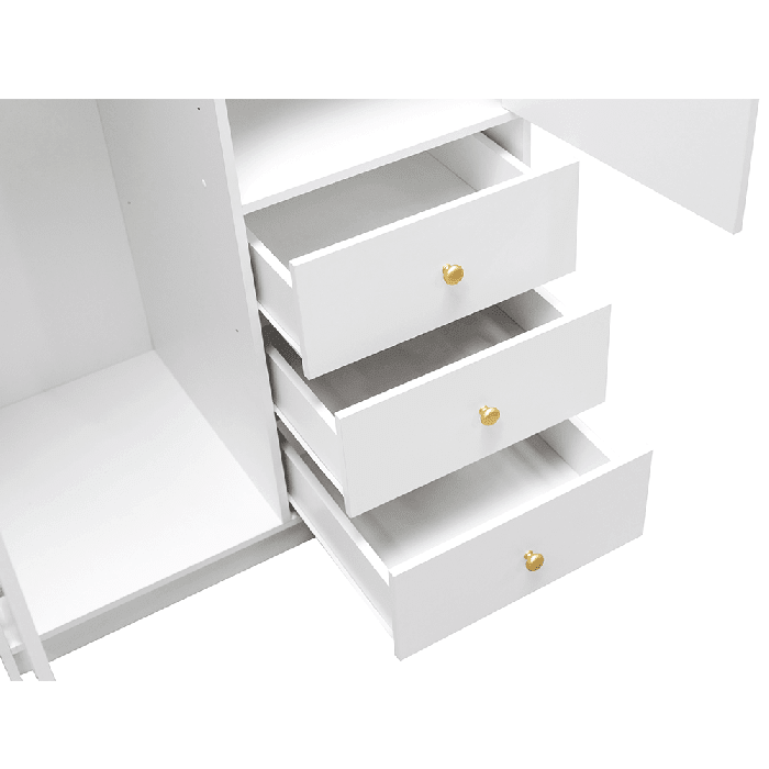 White wardrobe with three external drawers, each with a gold knob. Visible open shelf above drawers.