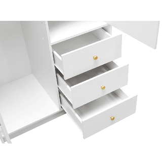 White wardrobe with three external drawers, each with a gold knob. Visible open shelf above drawers.