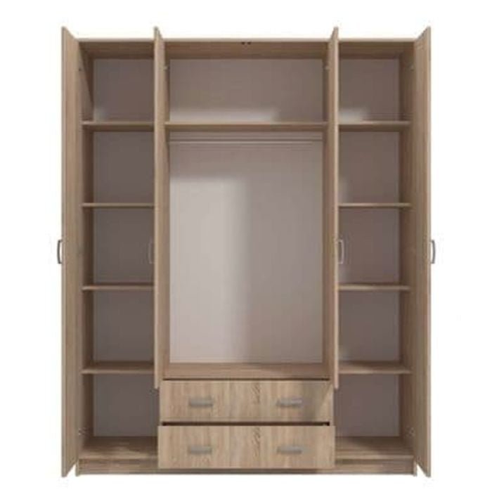 CAROL 4 door, 2 drawer wardrobe in Sonoma Oak effect finish with hanging rail and shelves inside.