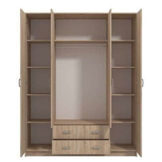 CAROL 4 door, 2 drawer wardrobe in Sonoma Oak effect finish with hanging rail and shelves inside.