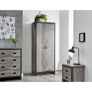 Grey 2-door wardrobe with distressed wood effect and black handles, part of a 3-piece bedroom set.