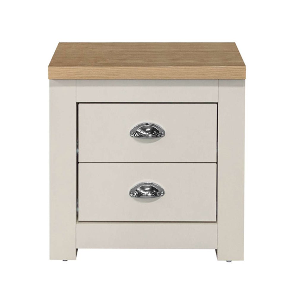 Cream bedside cabinet with 2 drawers and oak top, featuring silver cup handles.