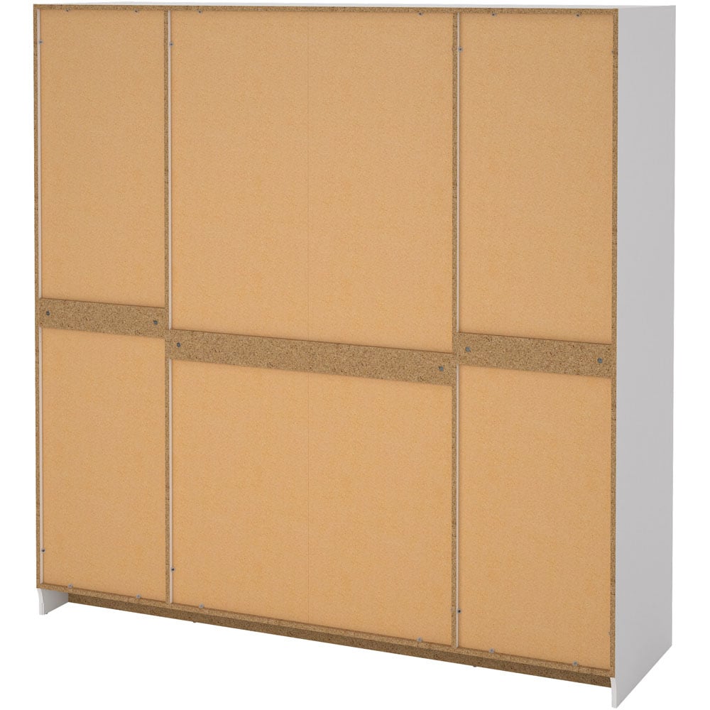 Back of Florence Brande 4 Door White Wardrobe with particle board panels and reinforcing strips