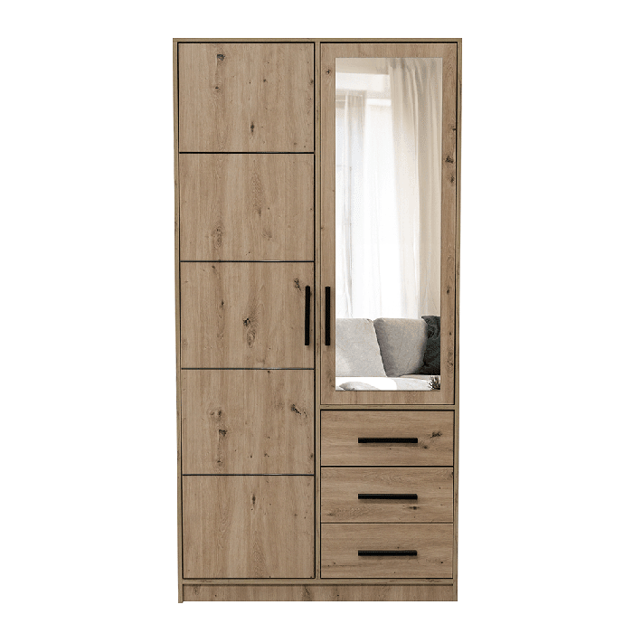 CHOICEWARDROBE AVERTON 100cm 2 door wardrobe with mirror door and 3 drawers in medium oak.