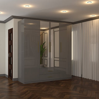 XD1 Grey High Gloss 4 Door 2 Drawer Gold Handle Mirrored Wardrobe 160cm