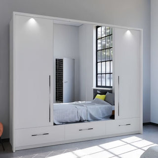 LINDSEY 4 door white wardrobe with mirrored panels and three drawers
