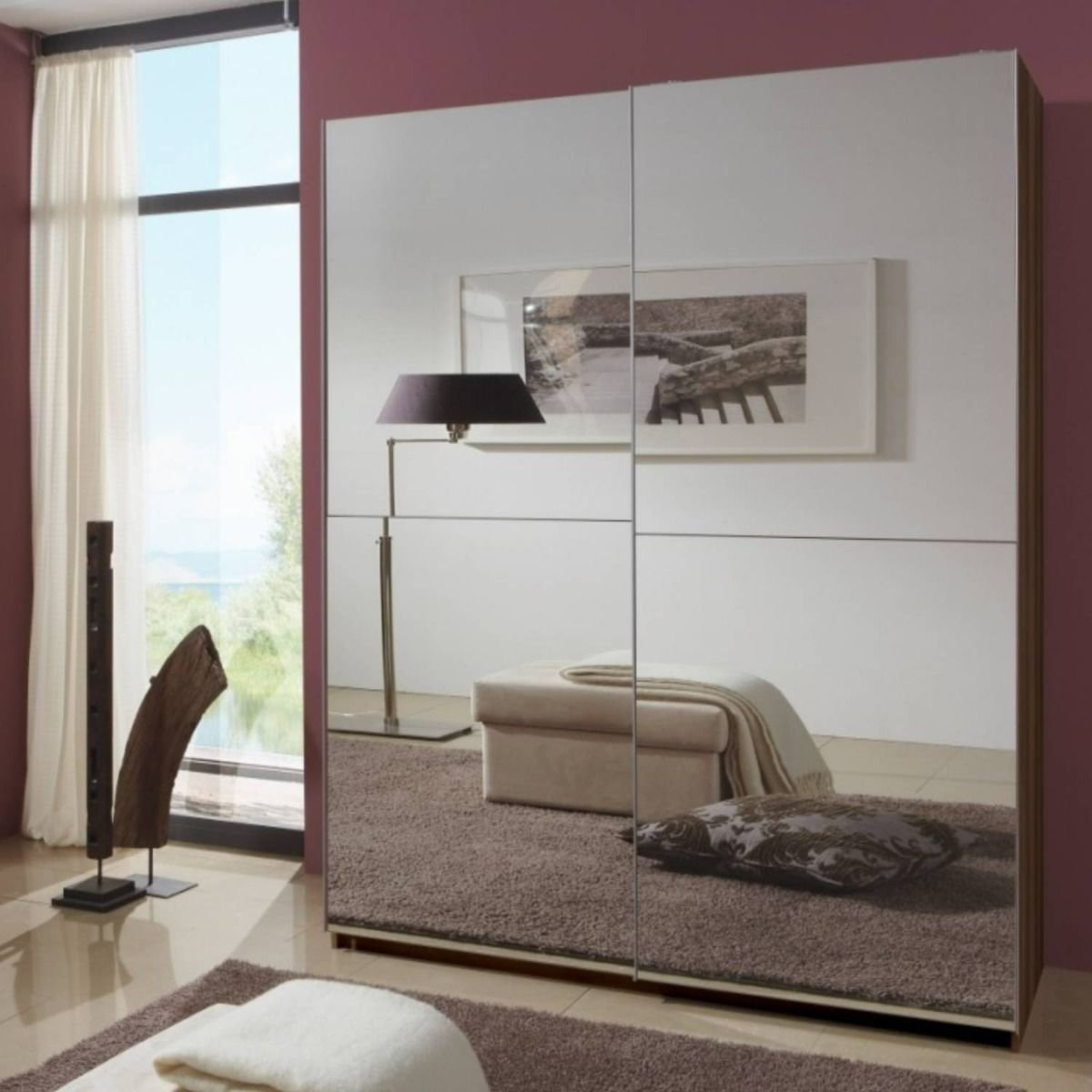 CHOICEWARDROBE Quinn 2 Door 135cm White Fully Mirrored Sliding Door Wardrobe reflecting room details.