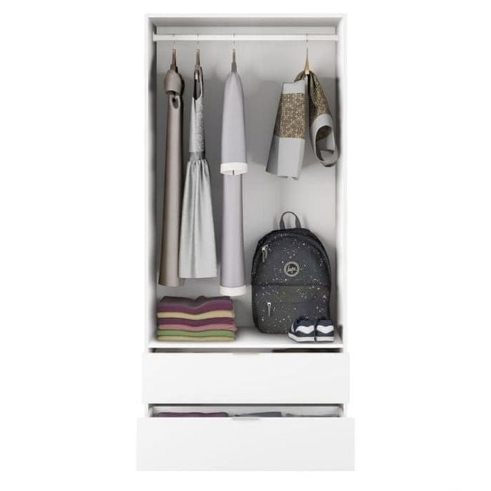 HARVEY 81cm white 2 door wardrobe with 2 drawers, showing hanging clothes, folded sweaters, backpack, and shoes.