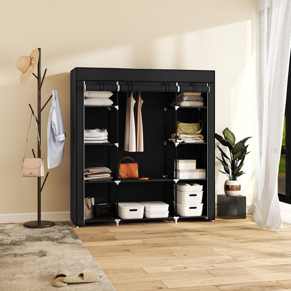 homcom portable wardrobe foldable fabric wardrobe 150 x 43 x 162 5cm clothes storage organiser with hanging rail shelves fabric cover for bedroom black