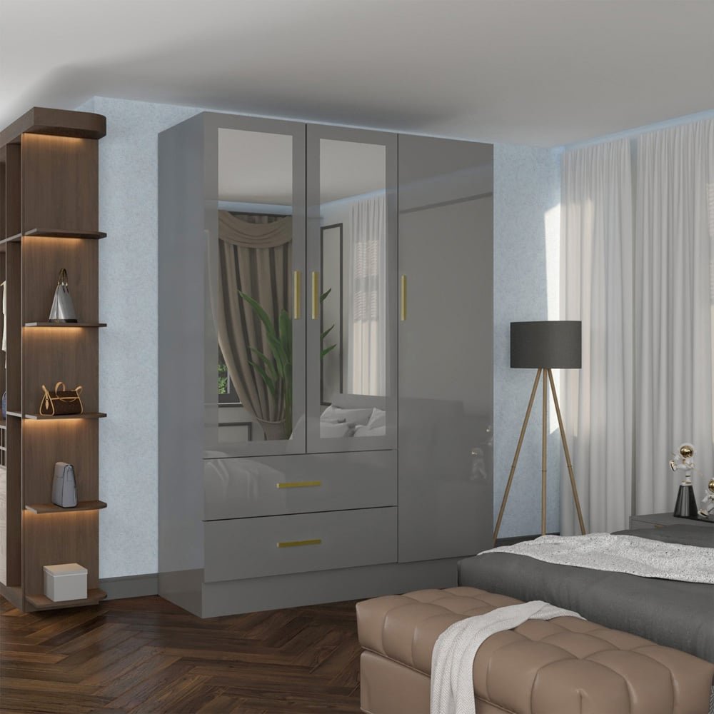 Grey high gloss 3 door 2 drawer mirrored wardrobe 116cm with gold handles