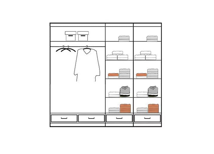 CHOICEWARDROBE 2-door sliding wardrobe line drawing in grey gloss with mirrored doors, showing internal shelves, drawers and hanging rail.