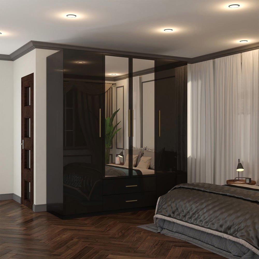 Black high gloss four-door wardrobe with two drawers and gold handles, featuring mirrored centre doors.