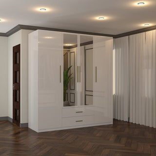 XD1 White High Gloss 4 Door 2 Drawer Gold Handle Mirrored Wardrobe 160cm