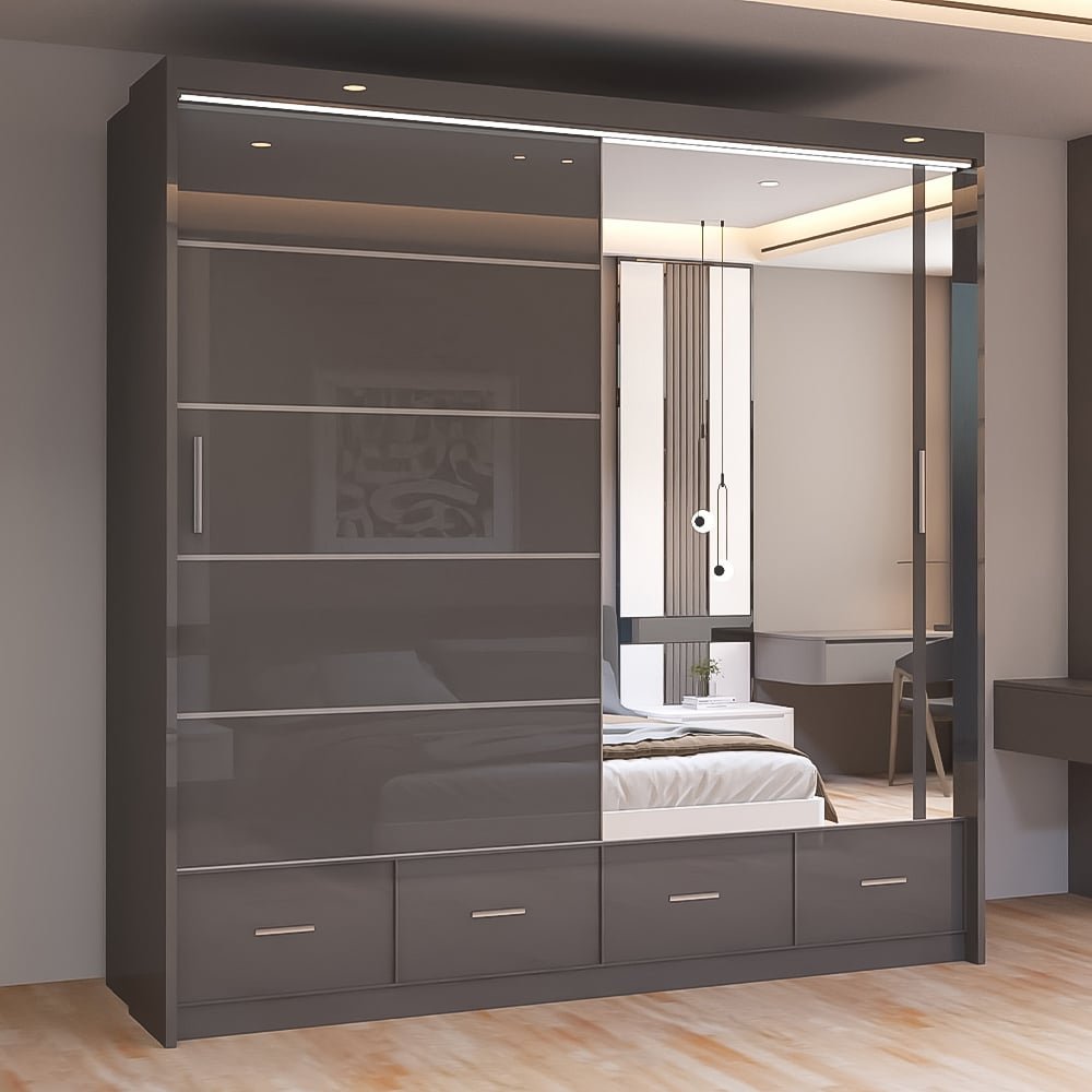 Grey sliding wardrobe with mirrored door and four drawers