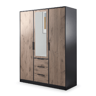 BELLVYN 3 door mirrored wardrobe with 3 drawers in black and oak finish