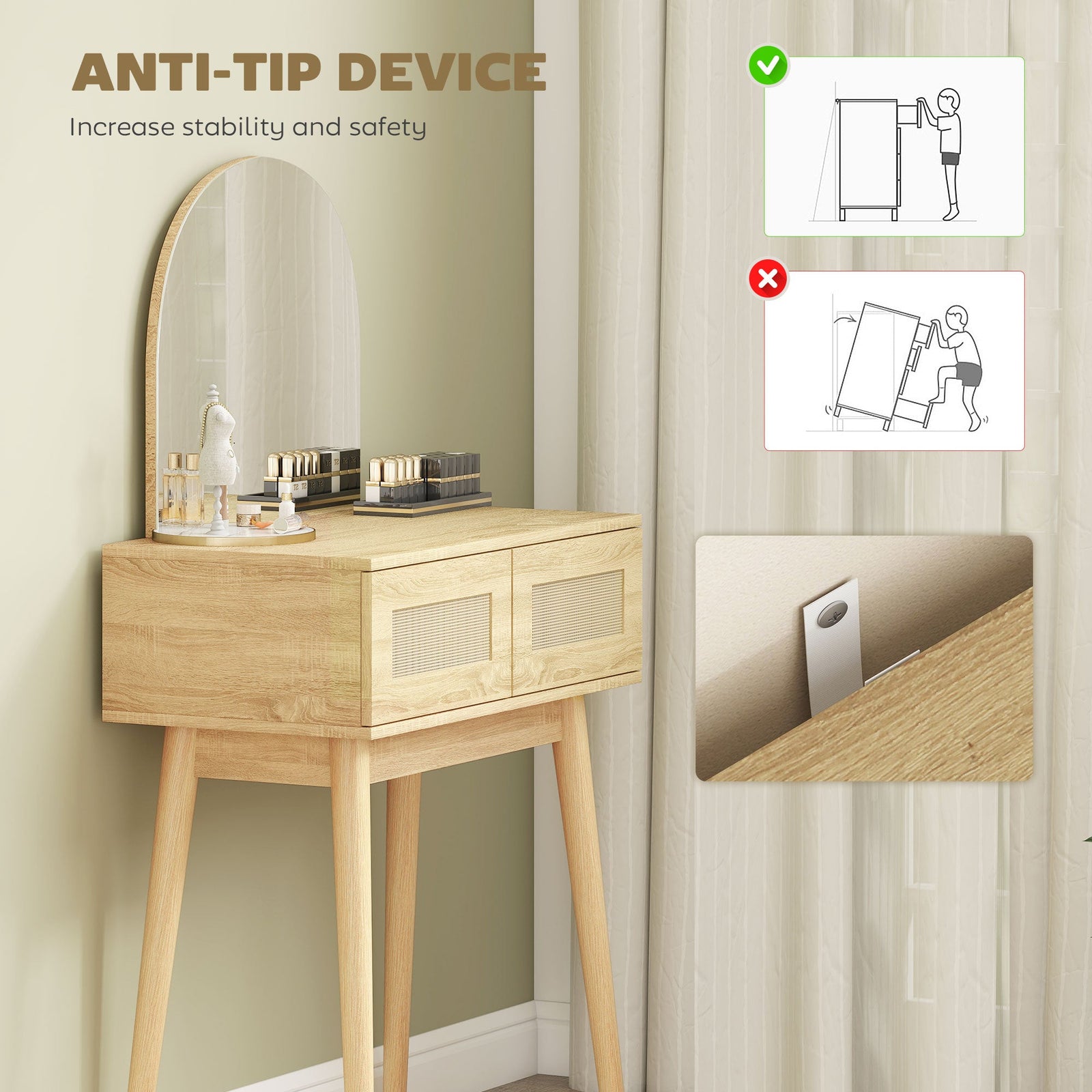 homcom dressing table compact vanity desk with mirror and 2 drawers natural wood finish