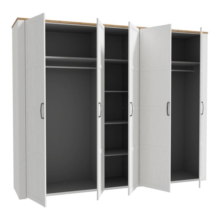 White and oak 5-door wardrobe with doors open showing shelves and hanging rail.