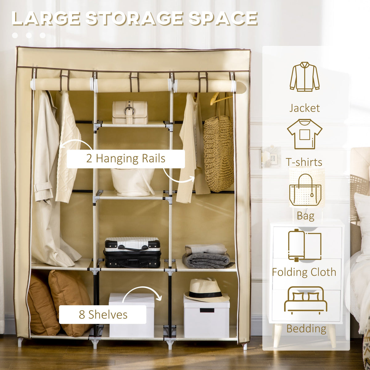 homcom fabric wardrobe with rails and shelves beige