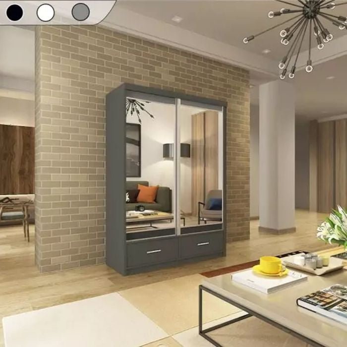 CHOICEWARDROBE Newry 150cm grey sliding door wardrobe with mirrored doors and drawers.
