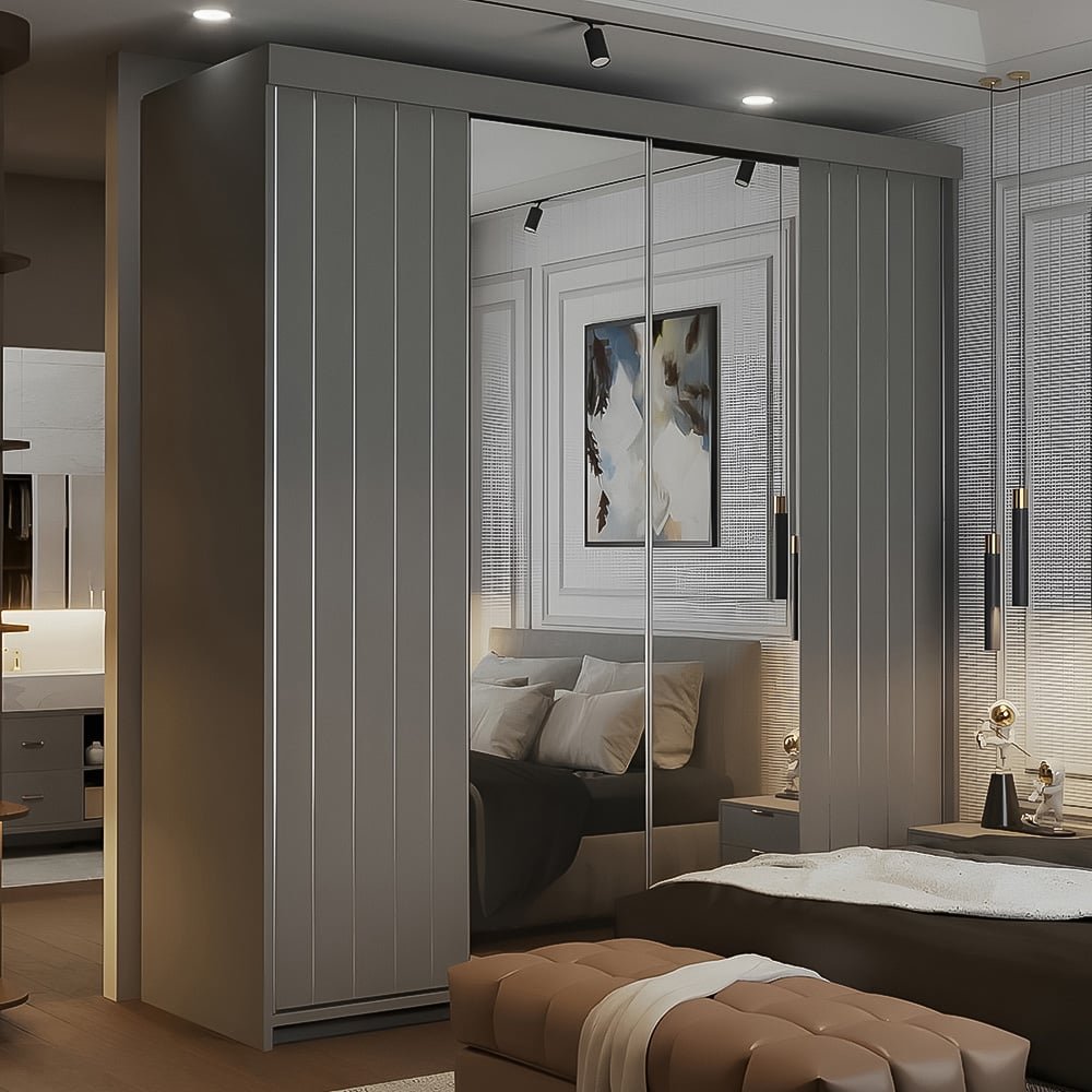 Molli Grey 2 door mirrored sliding wardrobe in a modern bedroom setting.