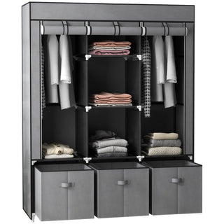 homcom foldable fabric wardrobe for bedroom portable wardrobe with 5 shelves 2 hanging rails and 3 fabric drawers dark grey