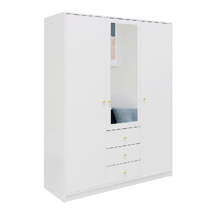 White 3-door wardrobe with a central mirrored door and three external drawers.