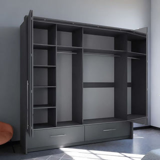 Graphite Grey 2 door wardrobe with open interior showing shelves, rails and drawers.
